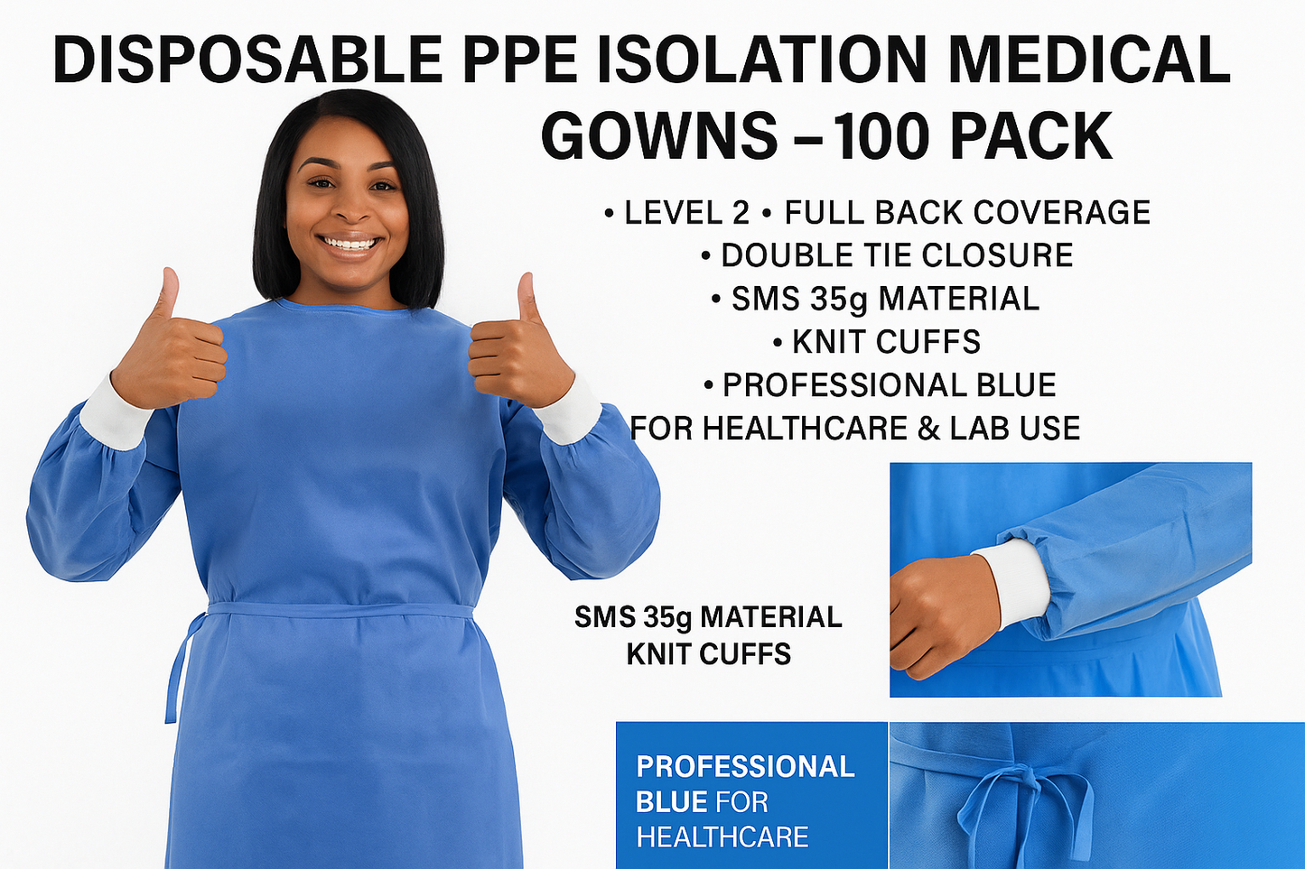 Level 2 Disposable Isolation Gowns – 100-Pack | Medical PPE, Full-Back SMS Gown with Knit Cuffs – Blue Unisex Protective Wear