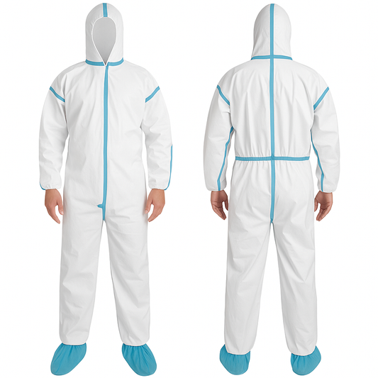Disposable Hazmat Suit – 70 GSM Coverall with Hood & Taped Seams (Front + Back View) 15 pack