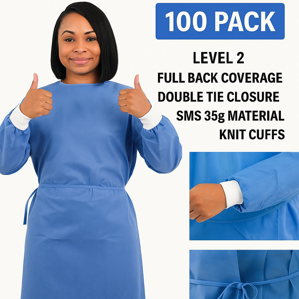 Level 2 Disposable Isolation Gowns – 100-Pack | Medical PPE, Full-Back SMS Gown with Knit Cuffs – Blue Unisex Protective Wear